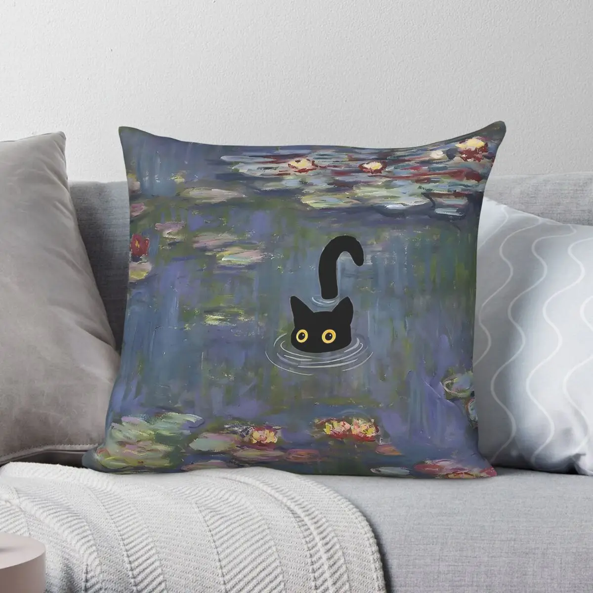 Claude Monet Water Lilies Cat Pillowcase Polyester Linen Velvet Creative Decorative Pillow Case Sofa Seater Cushion Cover 45x45