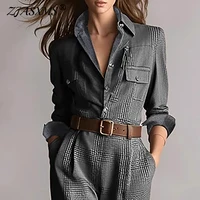 Vintage Plaid Print High Waist Jumpsuits Woman Elegant Shirt Collar Button Slim Bodysuit