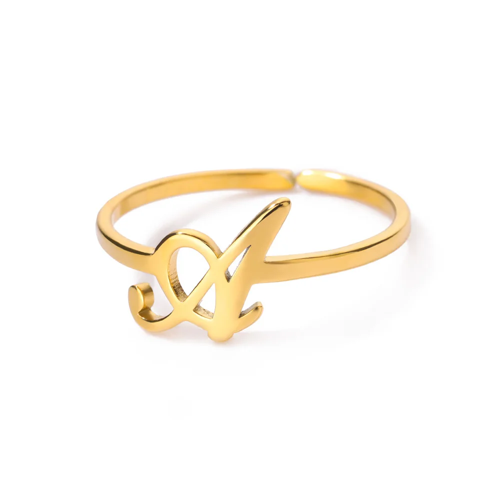 Initial Letter Rings for Women, Gold Color Adjustable A-Z Ring