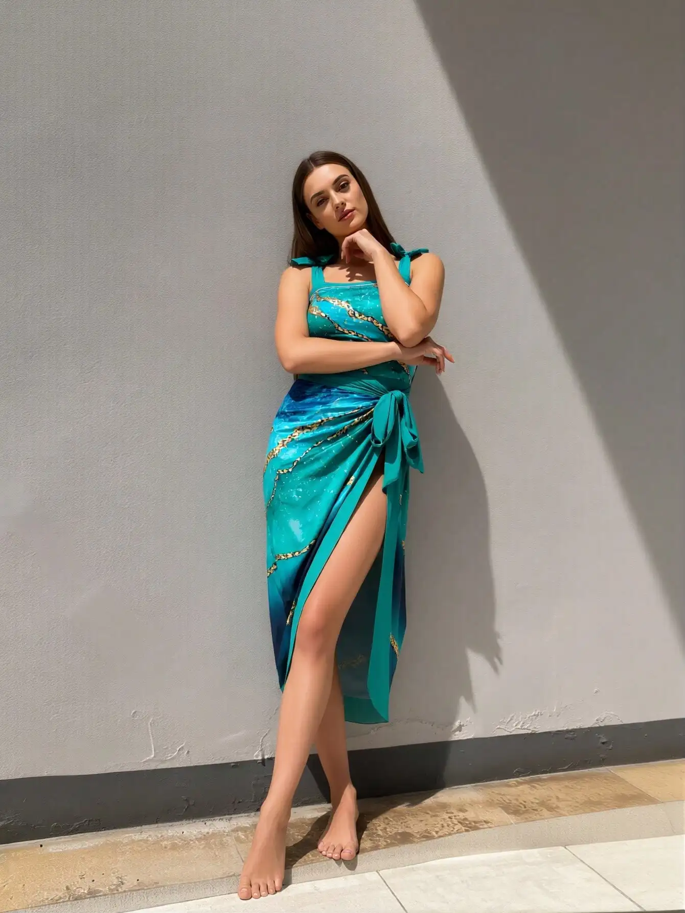2026 New Teal Gold Marble Print Bow Strap One Piece Swimsuit with Matching Wrap Skirt, Square Neck High Slit Two Piece Beach Cover Up Set