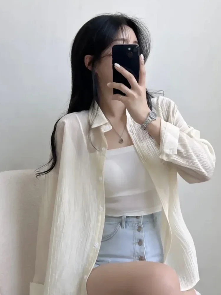 Women's Long Sve irt Jaet Thin Vintage Turn-down Collar Single Button Chic Small Size Top Korean Sle Loose Fit Pure ...