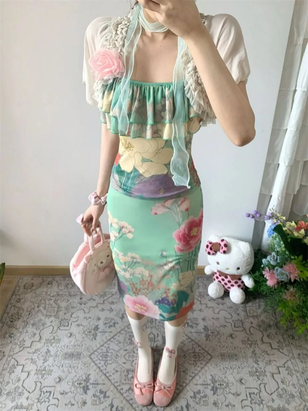 Set da donna con gonna a scialle a vita alta con canotta floreale verde orientale, abito elegante estivo vintage, vendita calda, abbigliamento quotidiano Wabi Sabi