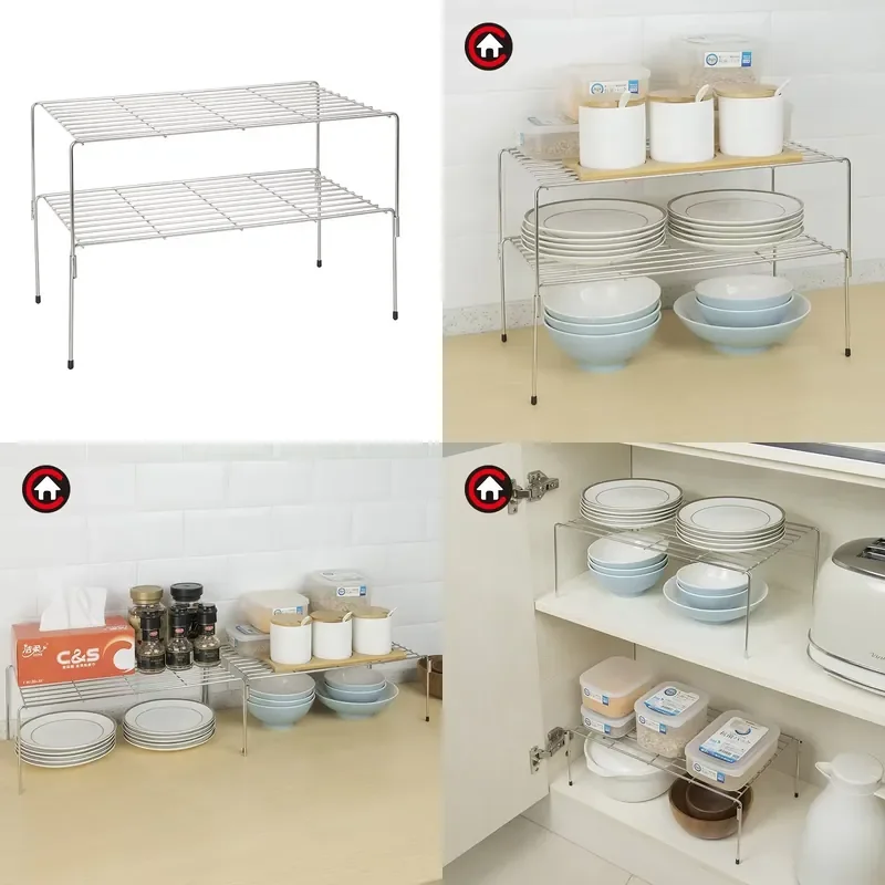 for 304 Stainless Steel Stackable Expandable 2 Tier Large Kitchen Cabinet Storage Rack Shelf Spice Rack Counter Organizer