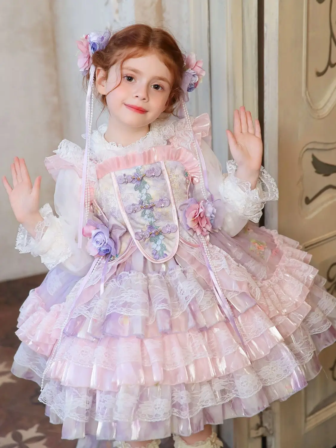 Autumn Spanish Vintage Royal Palace Princess Blue Lace Gauze Dress Girl Kawaii Lolita Clothes Elegant Party Evening Tulle Lace