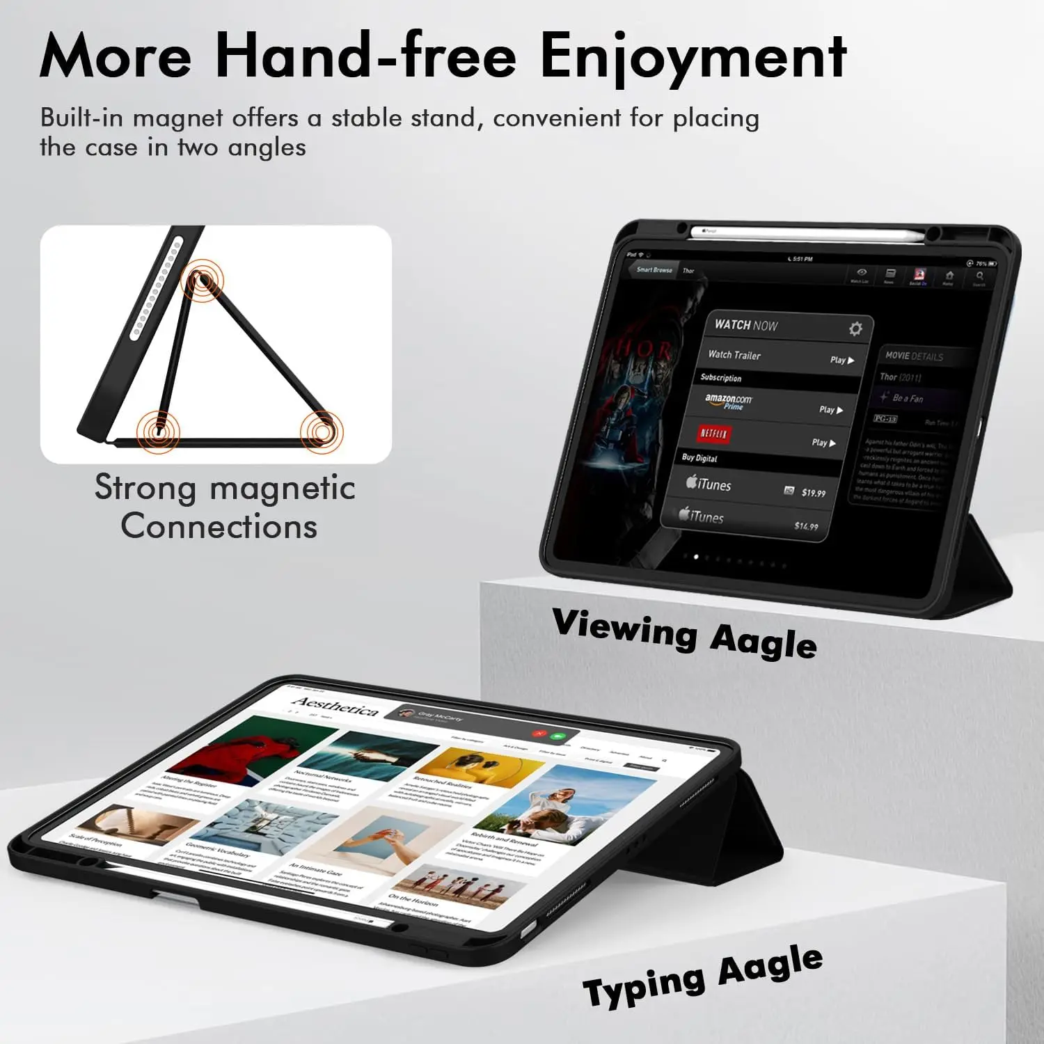 حافظة iPad Air مقاس 13 بوصة M3 2025/M2 2024 مع حامل قلم رصاص، حافظة ذكية بحامل ثلاثي الطي مع ظهر ناعم من مادة TPU، استيقاظ تلقائي/نوم (أسود)
