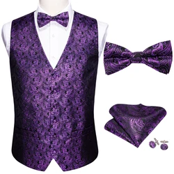 New Purple Mens Wedding Suit Vest Paisley Jacquard Folral Silk Waistcoat Vests Handkerchief Bow Tie Vest Suit Set Barry.Wang