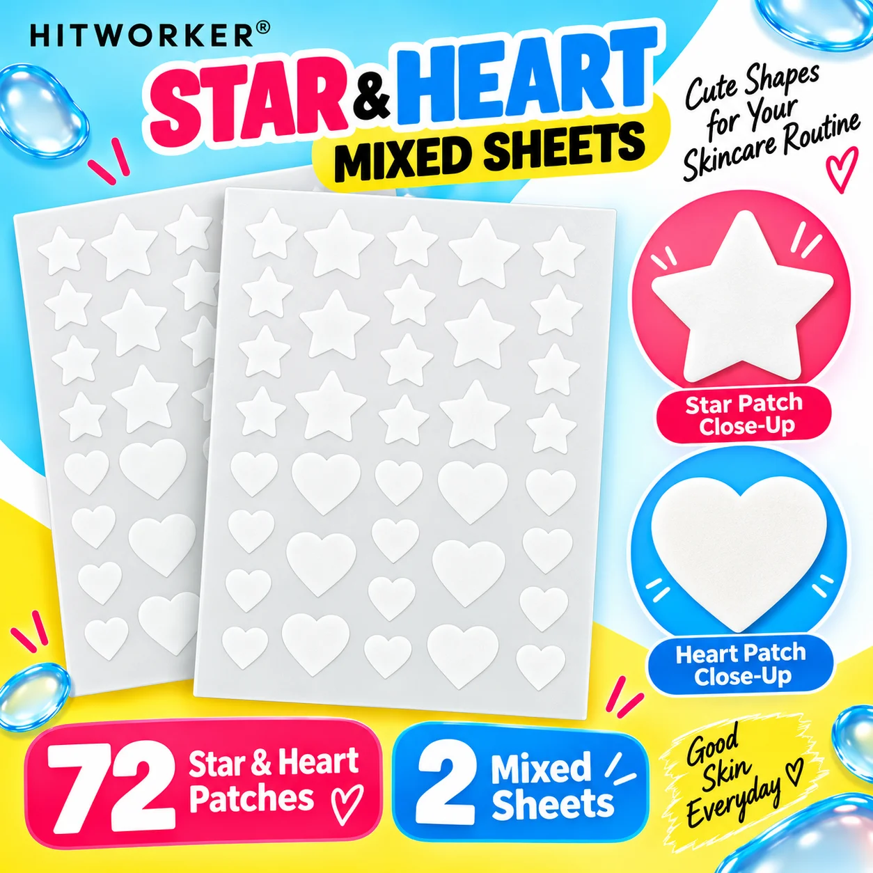 146PCS Pimple Patch  Nose Patch Kit, Hydrocolloid Face Patches, Round Star Heart 4 Shapes, 6 Sheets Daily Skin Care Set view 6
