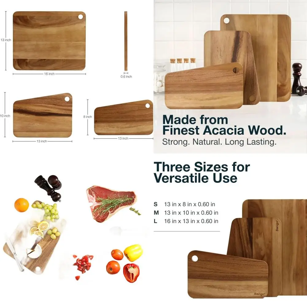 

3-Piece Acacia Wood Chopping Board Set with Slanted Edges and Hanging Holes - Stackable, Reversible Kitchen Boards, Non-Toxic, I