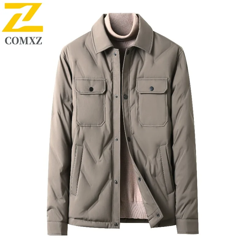 COMXZ Mens Down Jacket Turndown Collar Outdoor Work Warm Puffer Jackets Casual Single Row Button Travel Lightweight Winter Coat