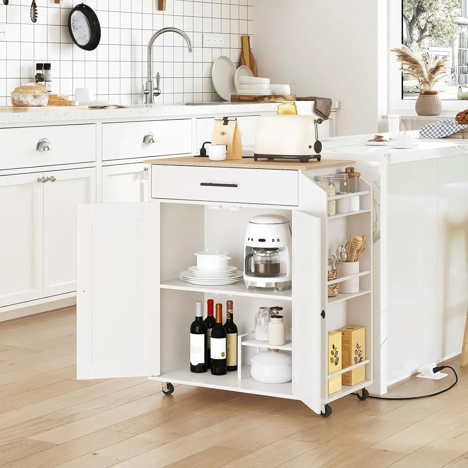 Kitchen Island with Power Outlet, Kitchen Storage Island with Spice Rack and Drawer, Rolling Kitchen on Wheels
