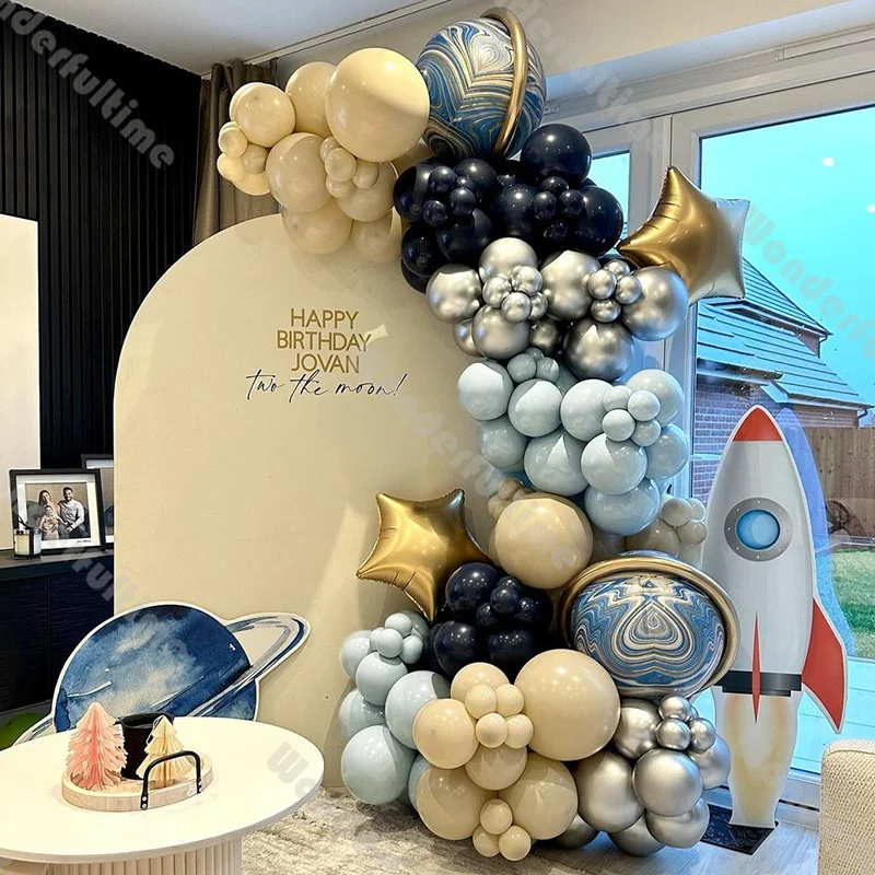 136pcs Space Theme Balloons Garland Gold Blue Silver Balloon Two The Moon Baby Shower Birthday Gender Reveal Galaxy Themed Party