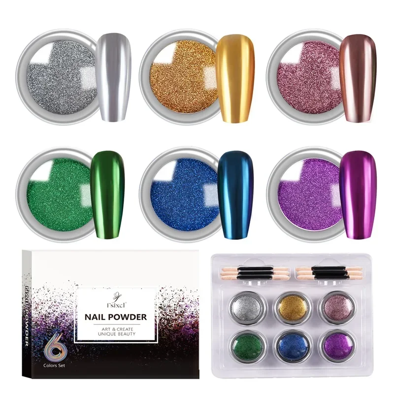 FSIXCL Iriserende nagelchroompoeder Metallic spiegeleffect Wrijven Pigmentstof Nail Art Decoratie Glitter 6-kleuren set