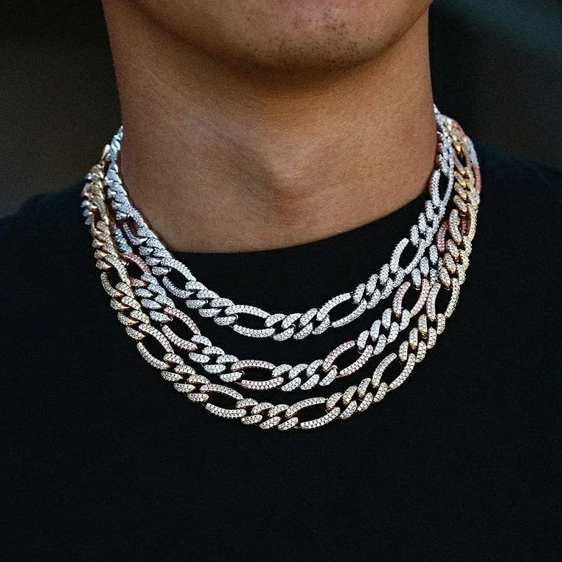 High Quality Iced Out Bling Wholesale Men Boy Hip Hop Jewelry Set Rock Punk Micro Pave Cz 12mm Figaro Necklace