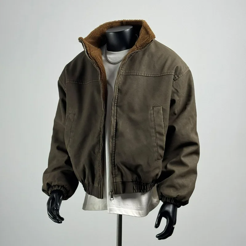 KIDWHXR Winter Herrenjacke, dick gefüttert mit Fleece, warm, mit Stehkragen, Cargo-Mantel für Männer, locker geschnitten, langärmelig, mit Reißverschluss, lässige Oberbekleidung für Männer. – Detail 3