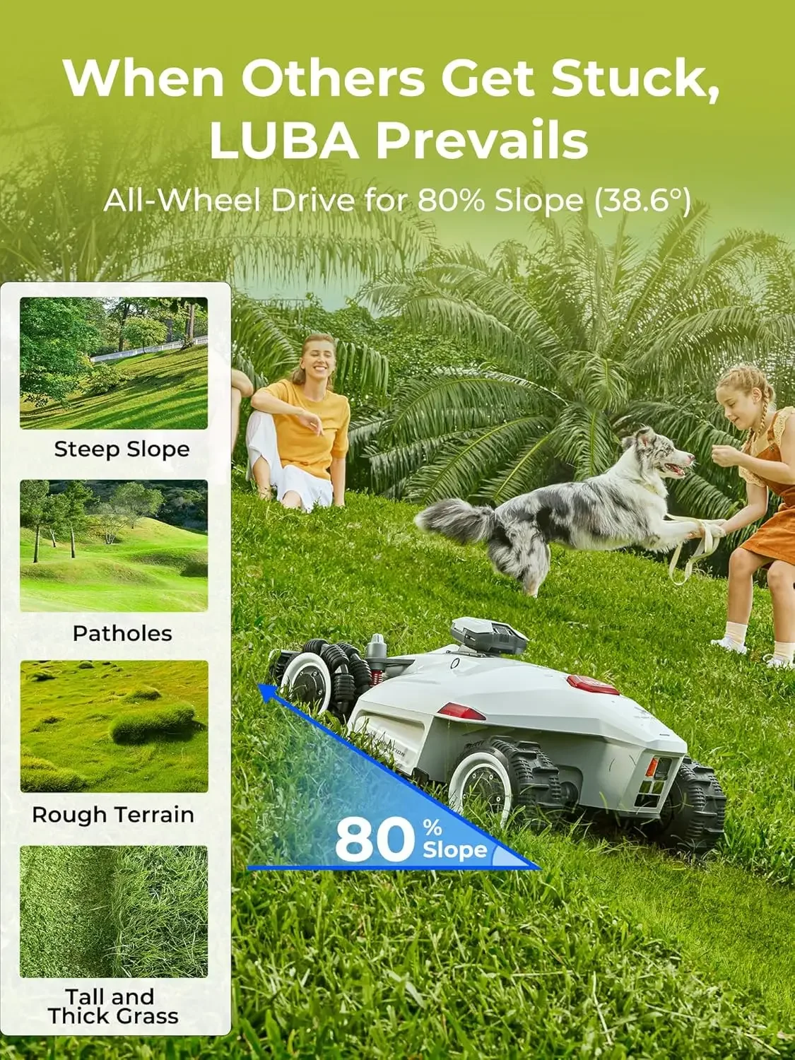 LUBA 2 AWD 5000 جزازة العشب الآلية، جزازة العشب الروبوتية الخالية من الأسلاك لحديقة 1.25 أكرًا ومنحدر 80%، ارتفاع القطع 1.0 بوصة - 2.7 بوصة