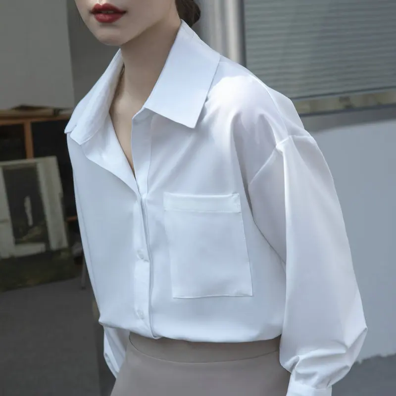 Realeft 2022 nova primavera um bolso branco blusa feminina turn-down colarinho casual blusa feminina chic tops workwear camisas