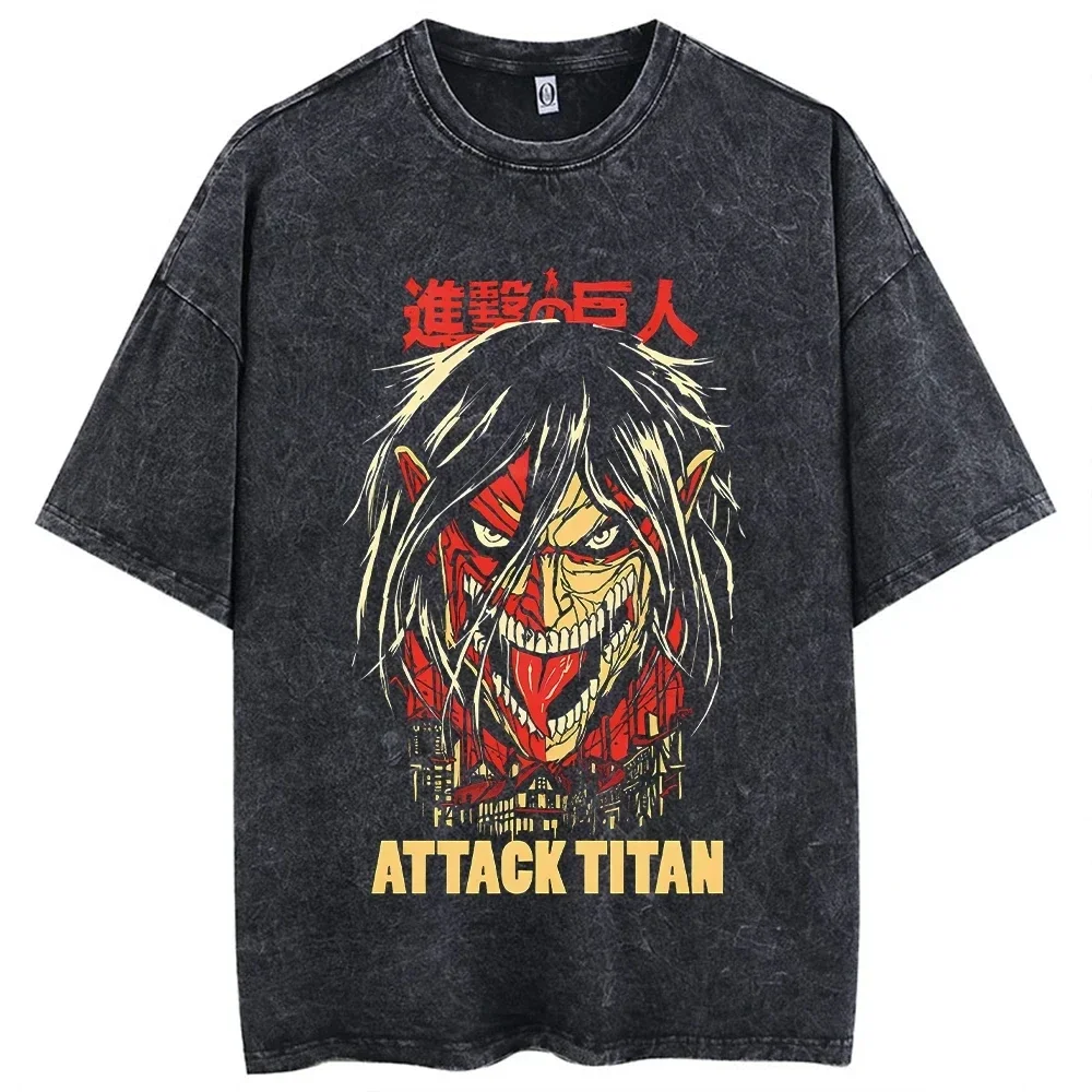 Anime Attack on Titan T-Shirt Hip Hop Oversized Streetwear Vintage Printed Washed Short Sleeve T Shirt Summer Cotton Male Tops