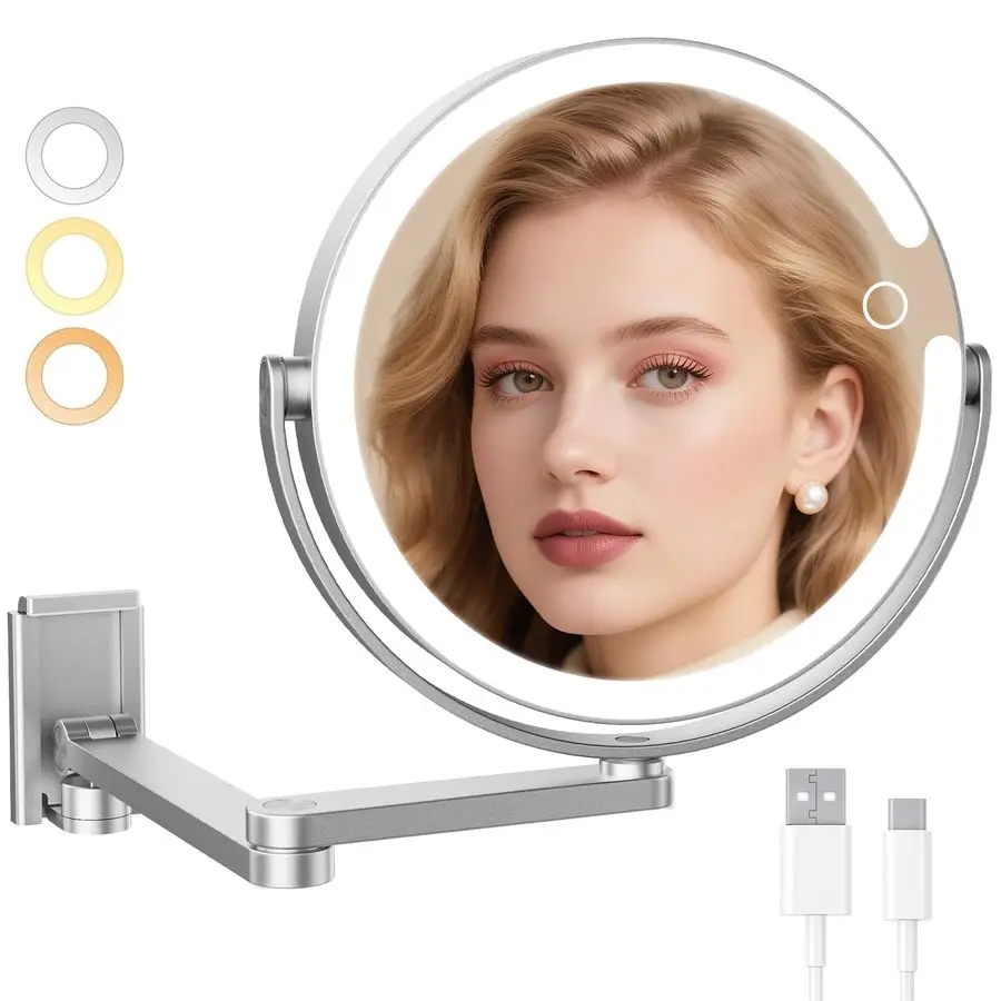 Mounted Makeup Mirror with Lights, 8inch 20X 1X Magnifying Mirror, Rechargeable LED Vanity Mirror with 3 Color Lights, 360 Swive