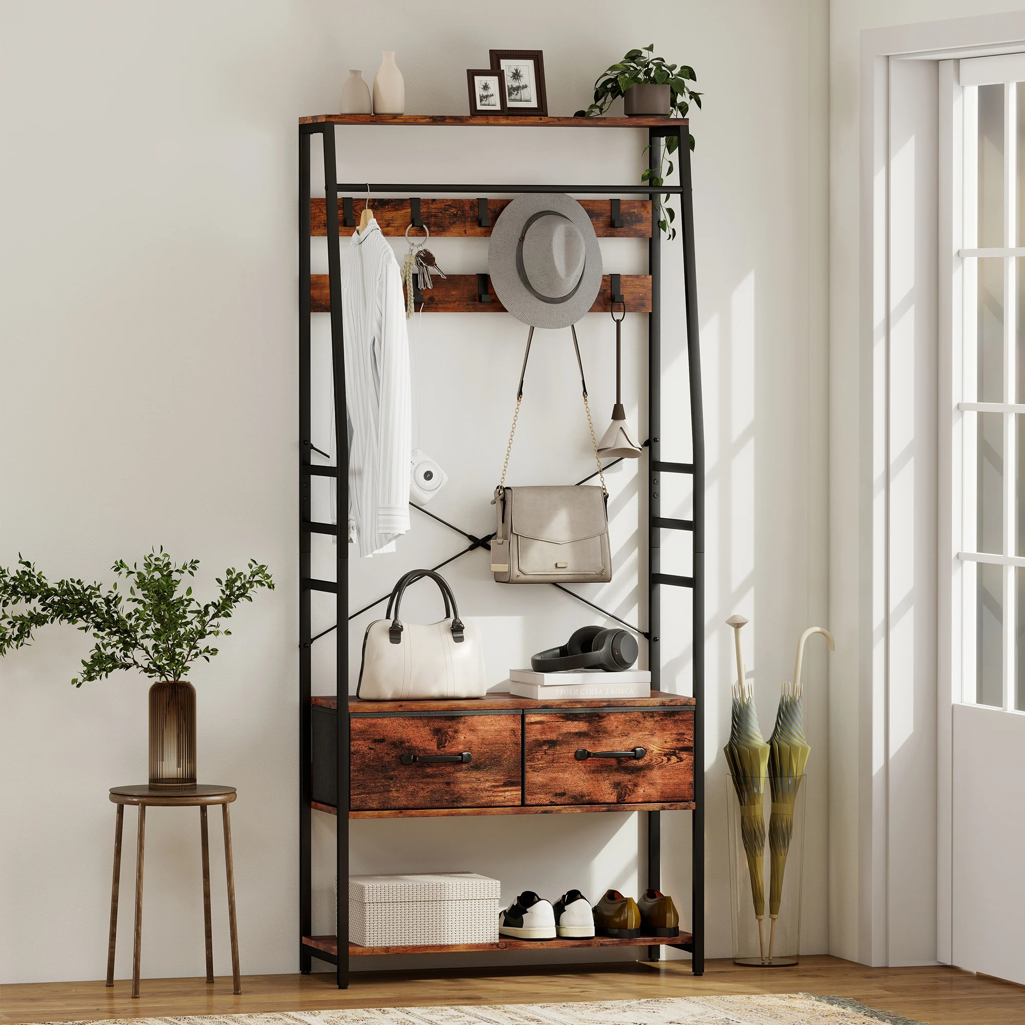 HOMCOM Garderobenständer, Kleiderständer mit 10 verstellbaren Haken, Schuhbank, Stoff-Schublade, Kleiderstange, Industrie-Design Garderobe für Flur, Schlafzimmer, Rustikal-Braun, Höhe 180 cm