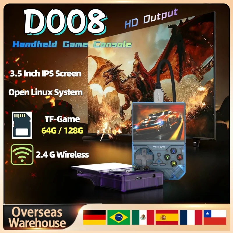 D008 Retro Handheld Game Console Video Game Consoles 3.5 Inch IPS Screen Open Linux System 32Bit ARM Video Player Games Gifts