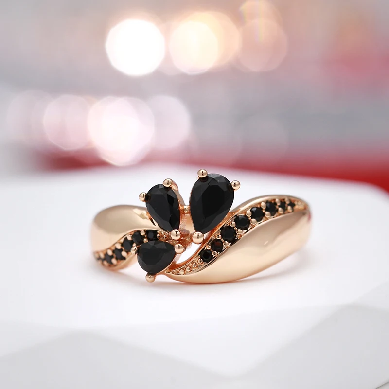 Kinel Hot Black Natural Zircon Ring for Women Fashion 585 Rose Gold Color Crystal Flower Bride Ring Daily Fine Vintage Jewelry