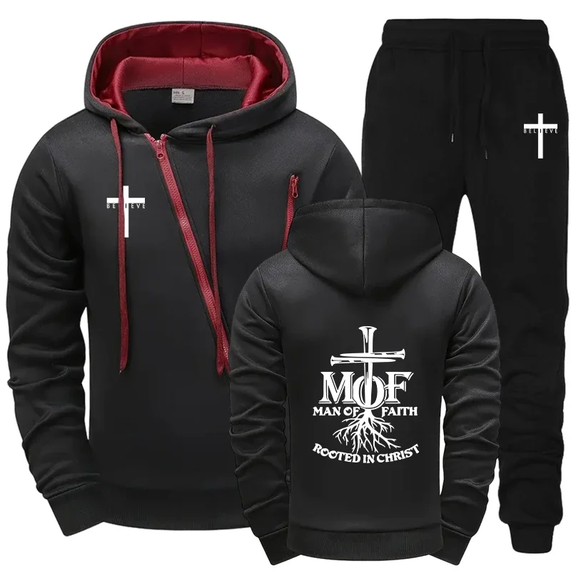 

2025 Autumn Winter Mens Tracksuit Diagonal Zipper Design Hoodie with Sweatpants Motorcycle Urban Man of Faith Print Streetwear