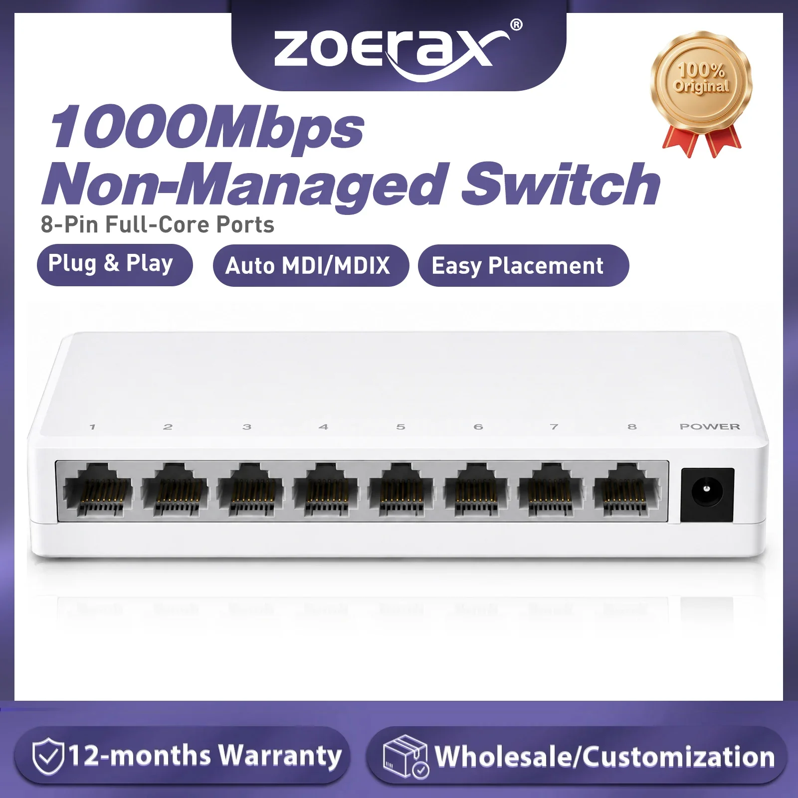 ZoeRax 8-Port Gigabit Network Switch Non-Managed Plug & Play Auto MDI/MDIX No Configuration for Home Office IP Camera