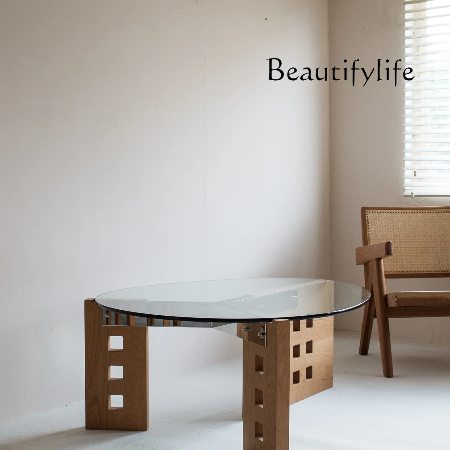 Original design Y coffee table, special-shaped glass, solid wood, stainless steel, Nordic retro black