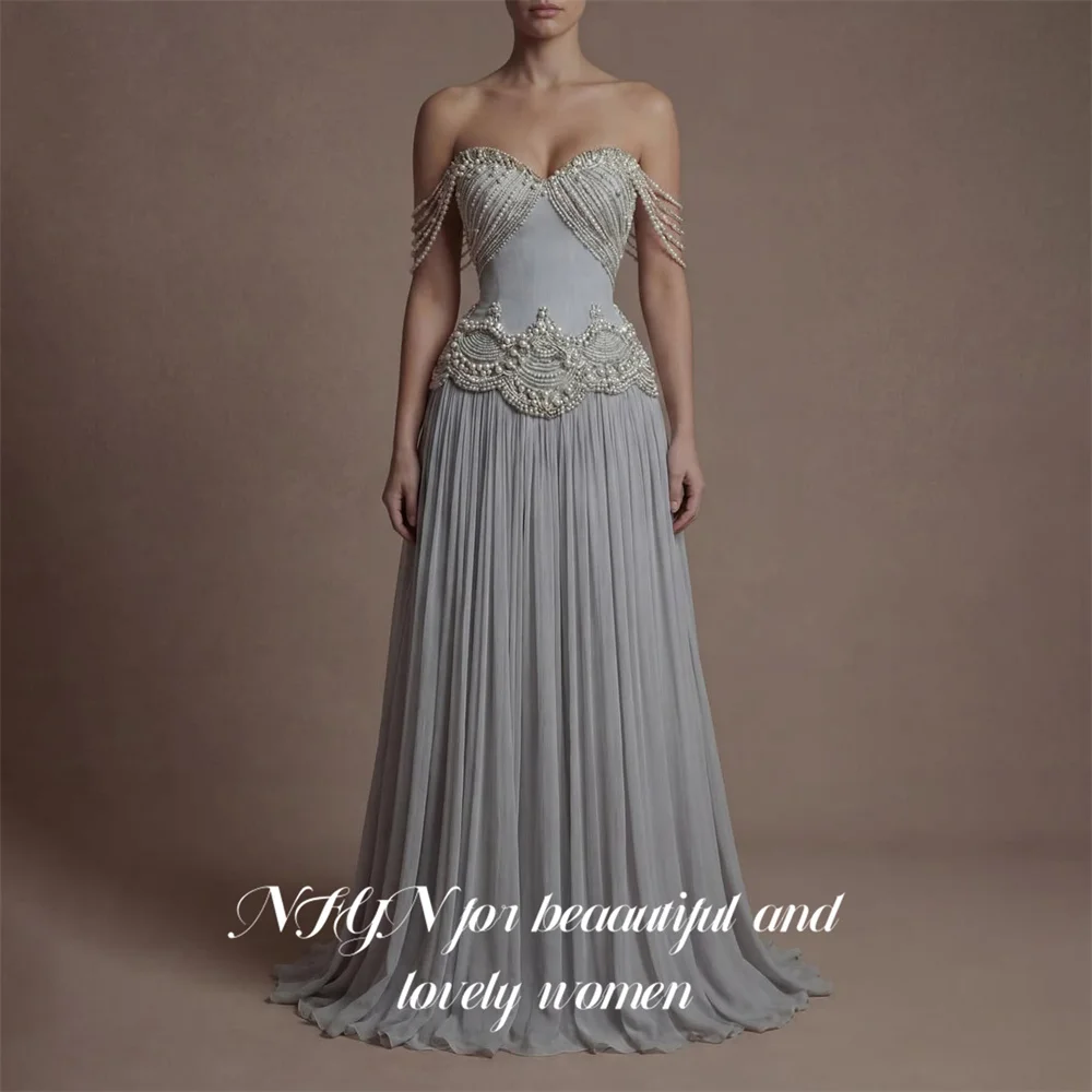 

NFYN Light Grey Chiffon Prom Dresses Off the Shoulder Evening Dress with Pearls Party Dress A Line vestidos de fiesta Customized