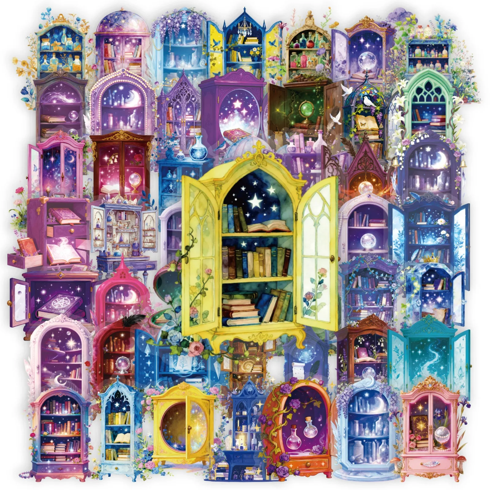 56-Piece Dream Magic Bookshelf PET Transparent Stickers Fantasy Cabinet Material Stickers for Scrapbooking Waterproof