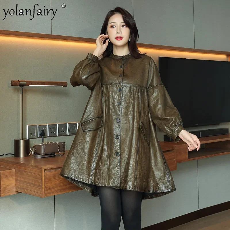 2023 High-End-Echt lederjacke Frauen reines Schaffell koreanischer mittellanger Umhang Rundhals ausschnitt lose Natur leder Kleidung weiblich