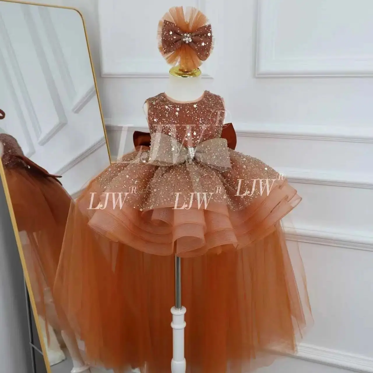 sequin Toddler Girls 1st Birthday Pageant Party Ball Gown brown bowknot train Wedding girl's dress sleeveless Holy Communion eve