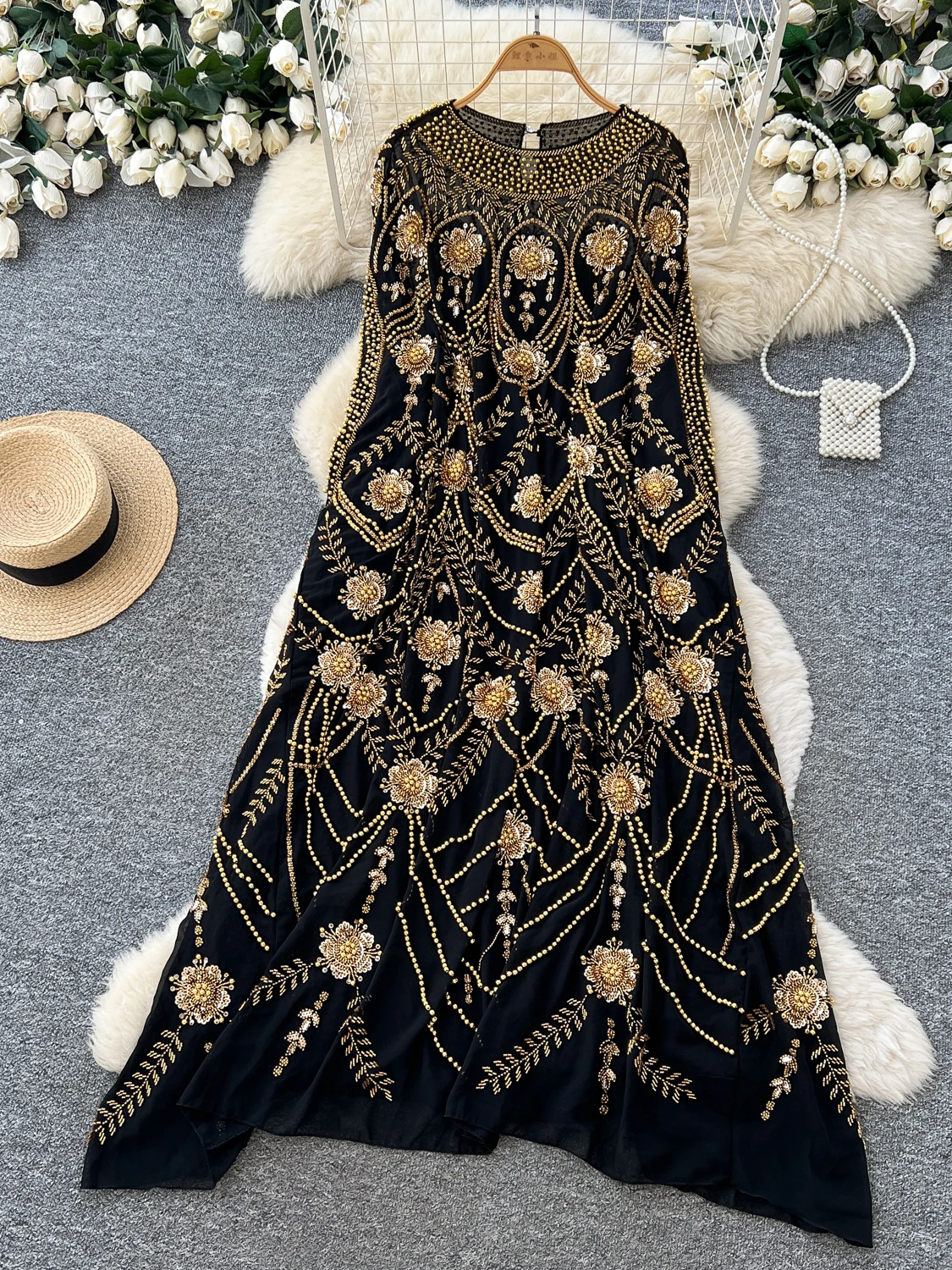 Elegant Embroidered Net Skirt Dress Women's Autumn Fashion Outerwear Inner Base Dress Two-Piece Set High Waist Long Sleeve