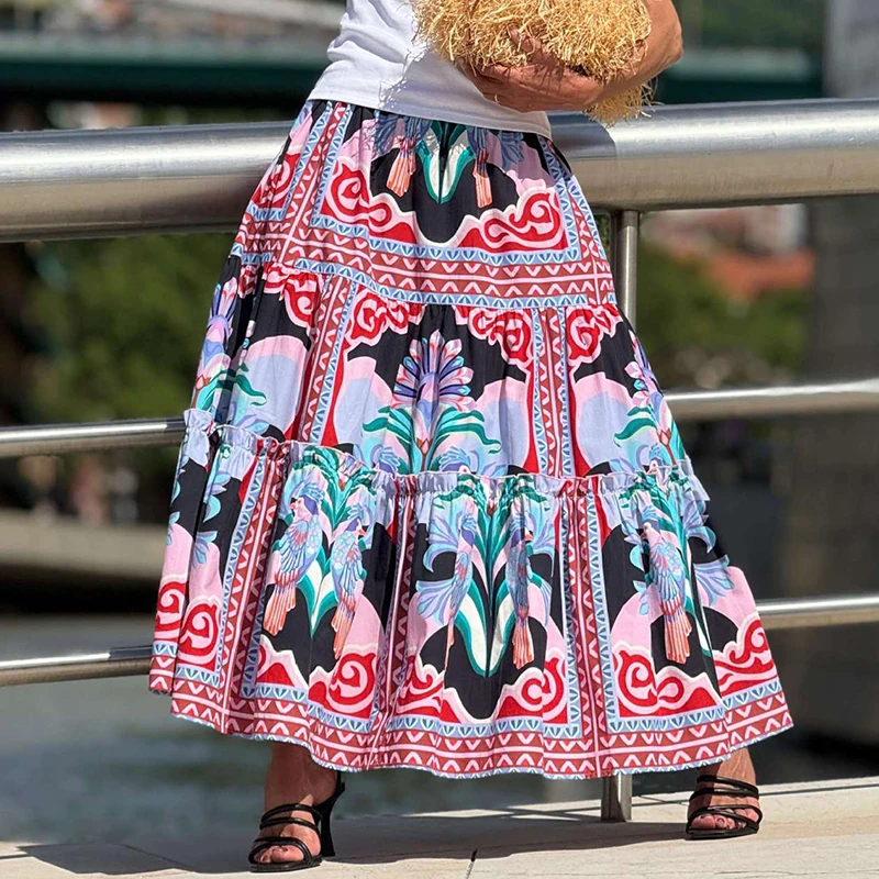 

Fashion Elastic Waist Spring Summer Skirt Women Casual Draped Beach Long Skirts Elegant Print Bohemian Loose Holiday Maxi Skirt