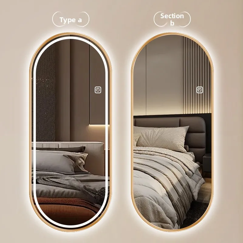 Specchio per tutto il corpo da 11,6 * 47 pollici Specchio per trucco con luce a LED intelligente Specchio lungo luminoso con struttura in metallo appeso alla parete