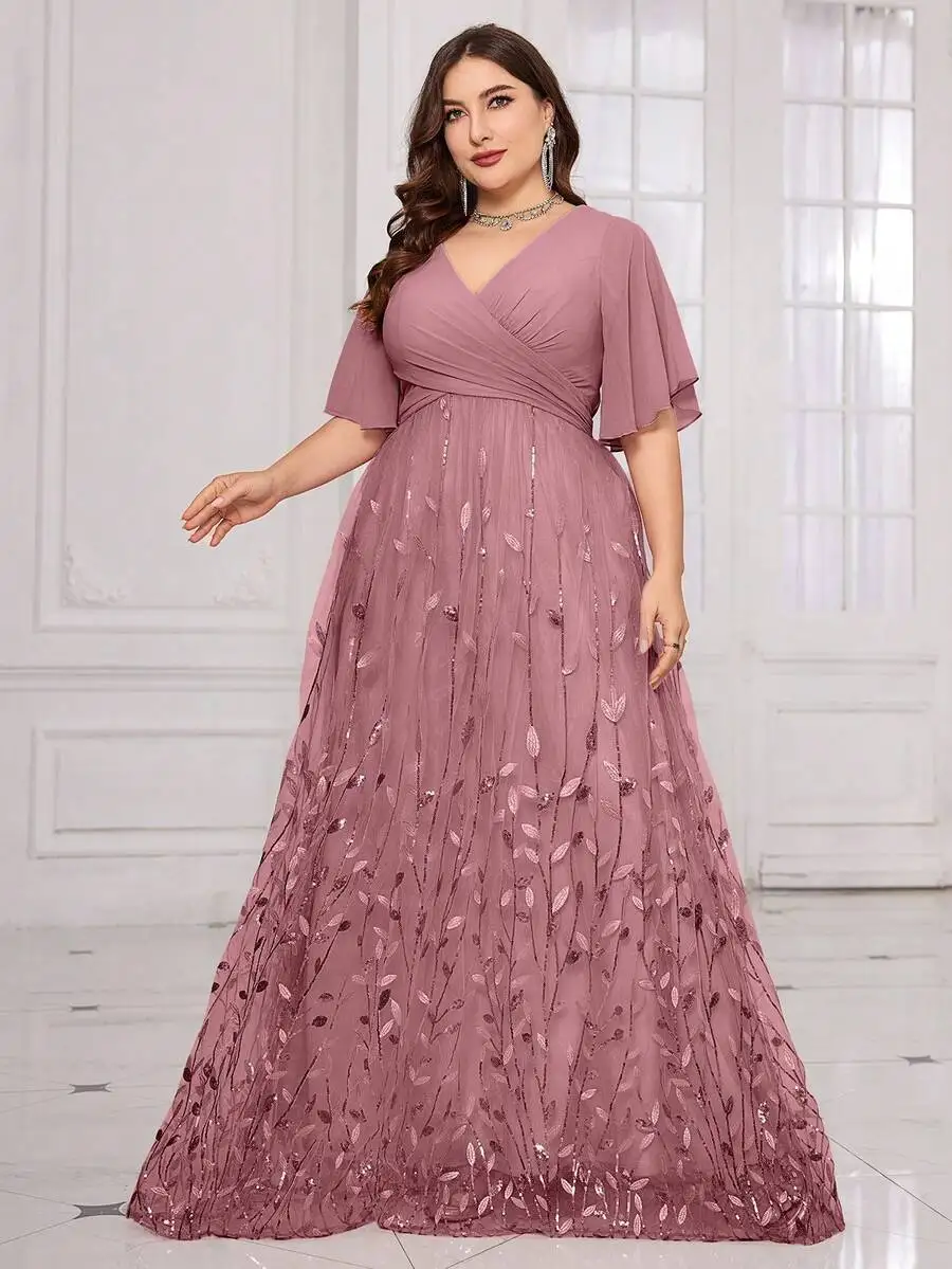 

Plus Size V-Neck Flounce Sleeve Pleated Bodice Leaf Embroidered Mesh Gown for Formal Evening Events