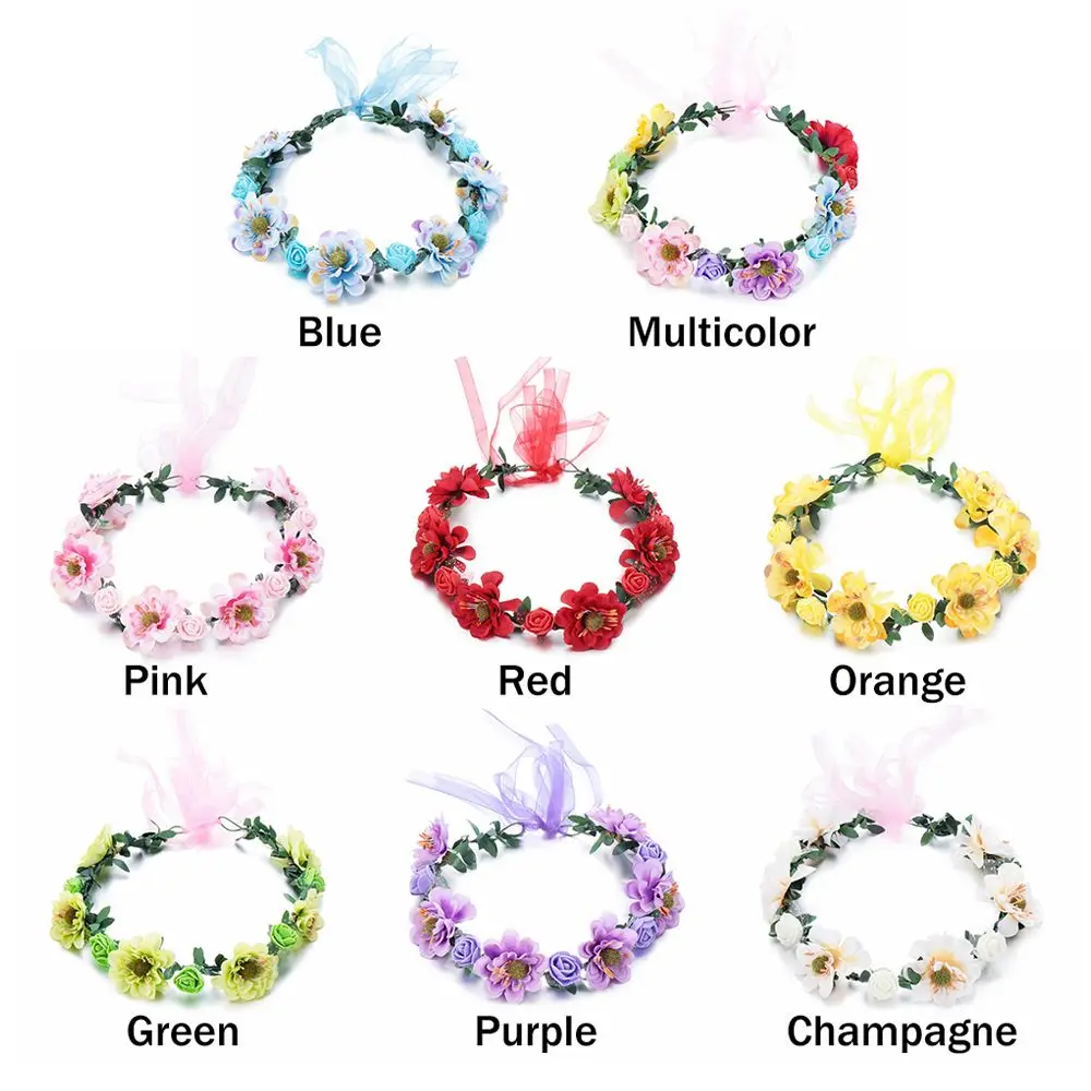 Fashion Bohemia Garland Rose Flower Crown Women Headbands with Adjustable Ribbon Girls Floral Wreath Bridal Halo Headpiece