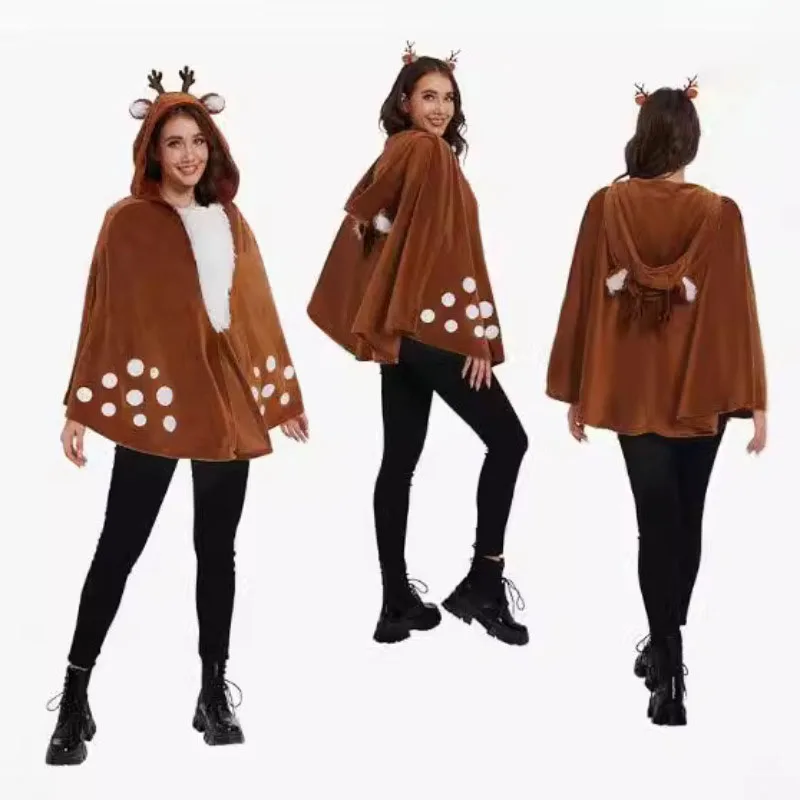 Capa con capucha con temática de renos navideños con astas y manchas blancas Accesorio de disfraz lindo y acogedor para cosplay y eventos temáticos
