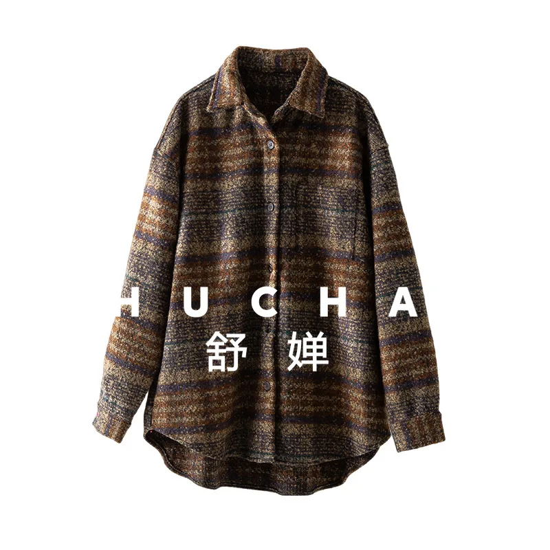 2025 otoño e invierno nueva camisa a cuadros gruesa chaqueta suave cerosa cómoda lana tela mixta camisa de manga larga neutra