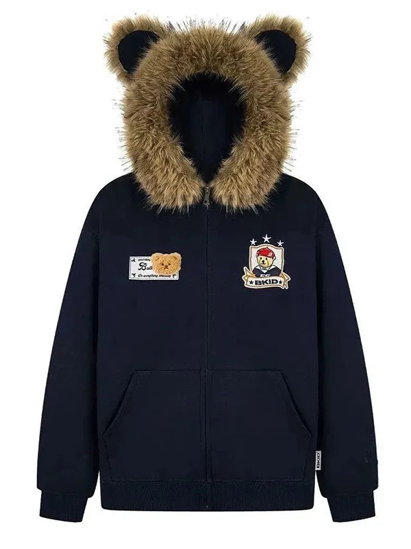 

plus Size Bear Ear Hooded Jaet Women's Fce Lined Cardigan Sweater Trendy Autumn Winter Design Korean Sle Zipper Closure