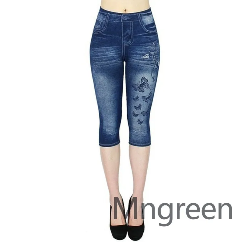 

2025 new butterfly print imitation denim cropped pants, thin hip leggings