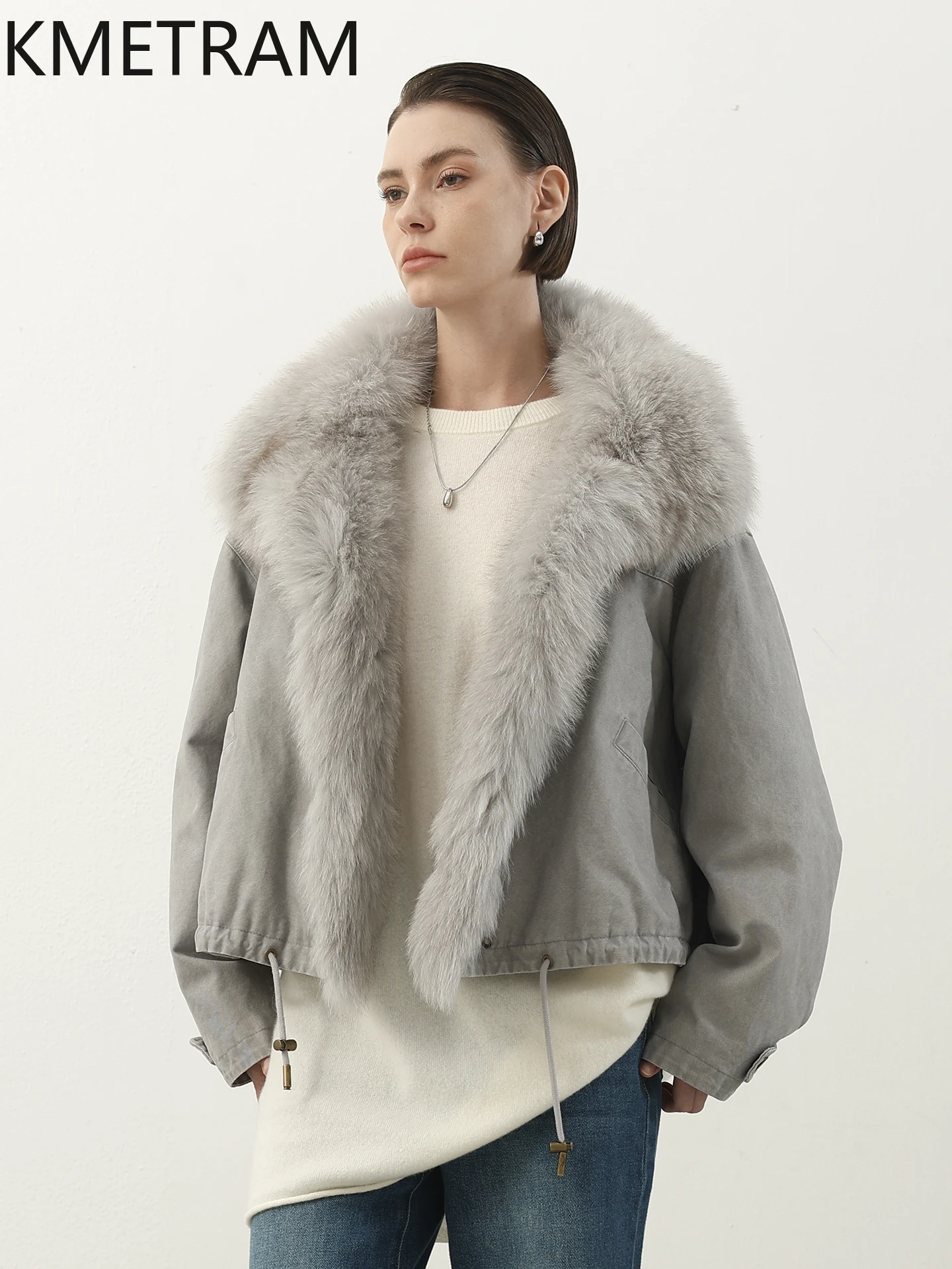 سترة KMETRAM بياقة من فرو الثعلب الحقيقي معطف أسفل سترة من الفرو غير رسمية كبيرة الحجم 2025 سترة شتوية قصيرة للنساء putaхоvikк ЖыыыыыыыыыёмÑ