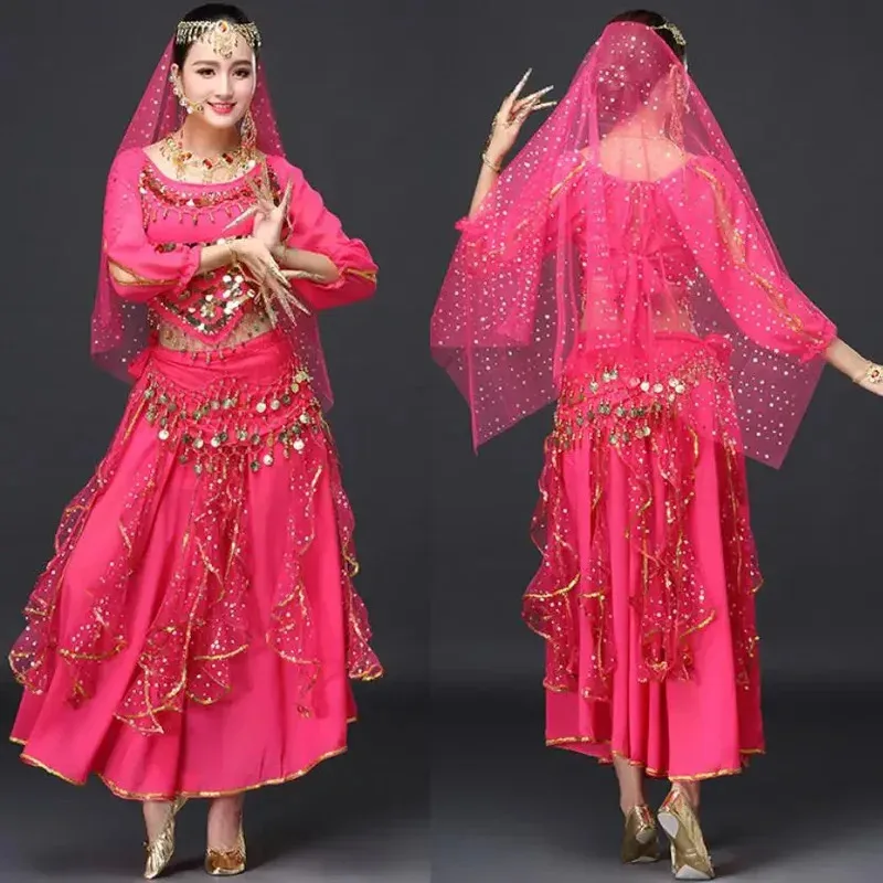 

2025 11 Болливудские костюмы с блестками для взрослых, индийский танец живота, женский шифоновый комплект с короткими рукавами