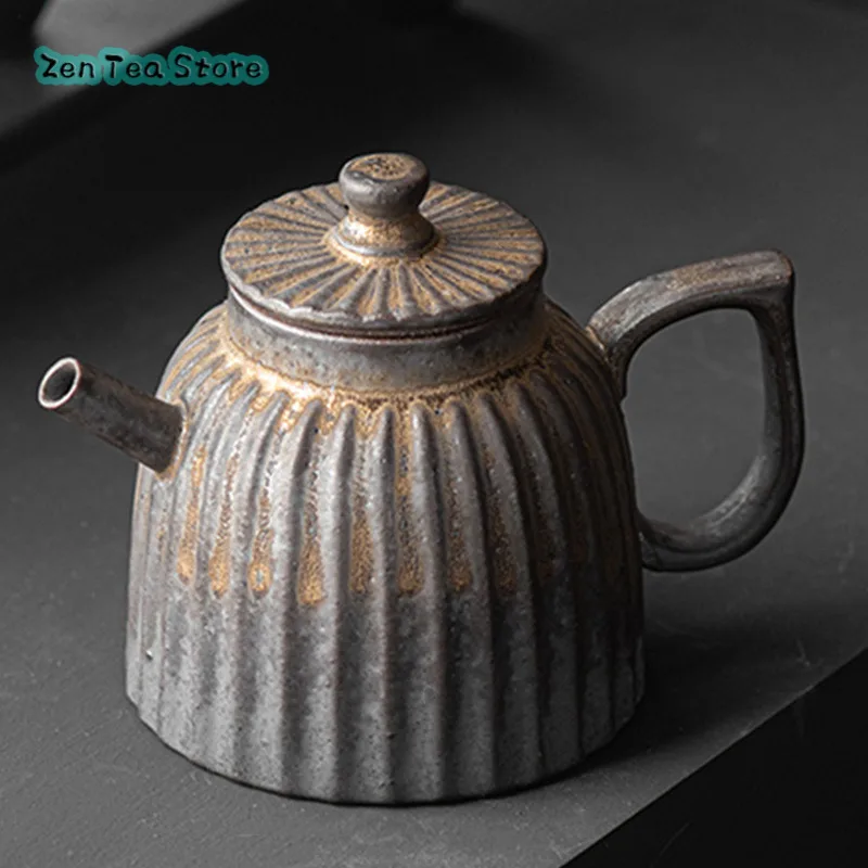 Retro Vertical Pattern Teapot Single Pot Ceramic Chinese Tea Home With Filter Tea Infuser Teahouse Kung Fu Tea Set