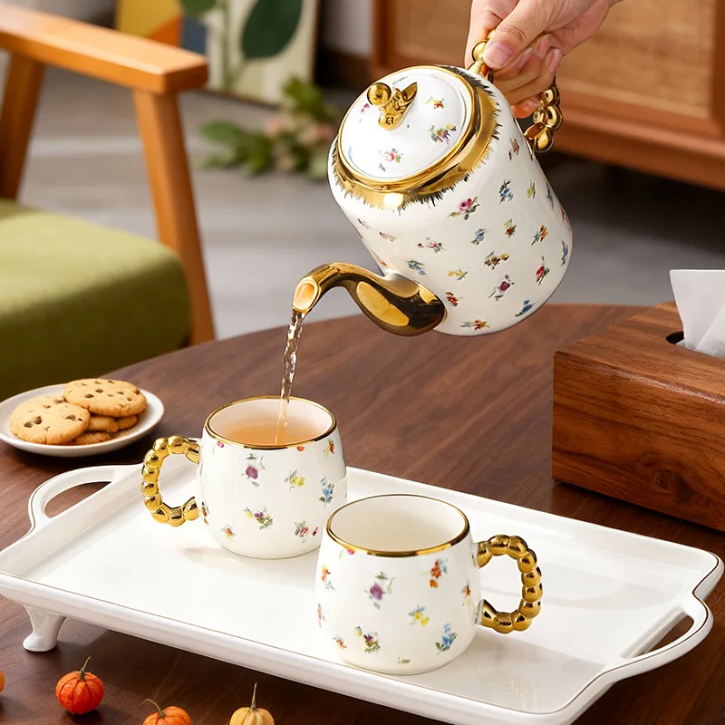 Luxury European Floral Gold Trim Ceramic Tea Set, 1Teapot  6Cups & Tray Gift Box, Vintage Home Party Serving for Restaurant Cafe view 4