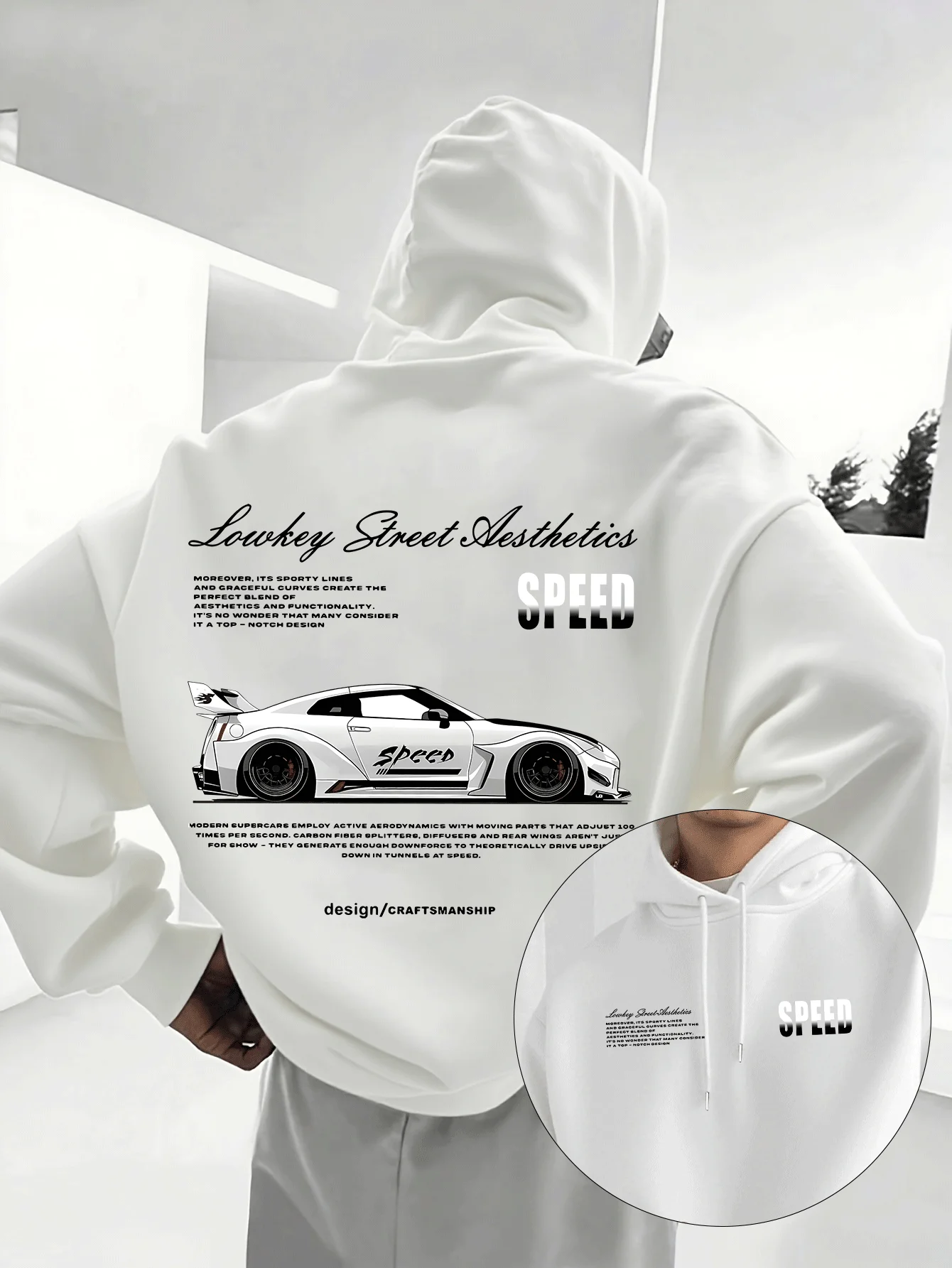Men's American-style Street Sports Style Sports Car Print Hooded Sweatshirt for Autumn Winter with Added Insulation Thickness.
