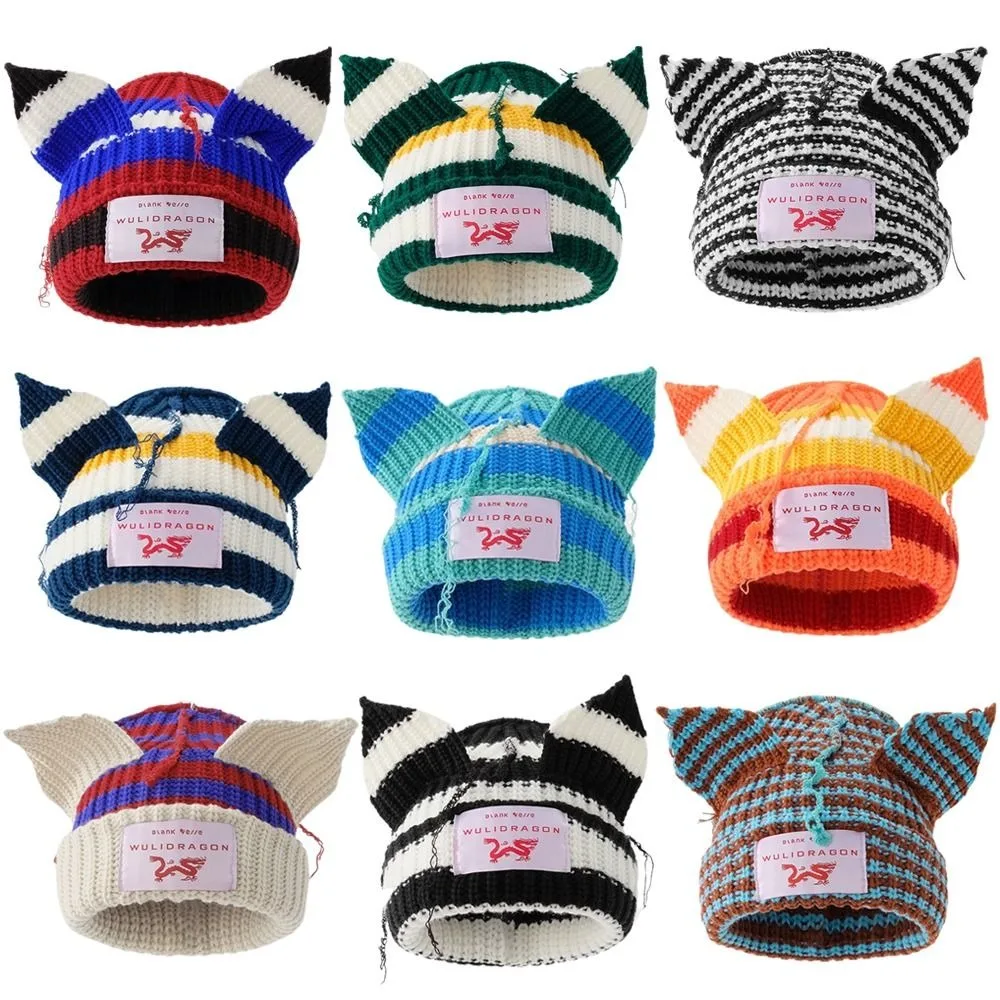 Double-layer Loverboy Cat Ear Knit Hat Warm Hooded Cap Pig Ear Woolen Hat Niche Design Soft Ear Protection Hat Autumn and Winter
