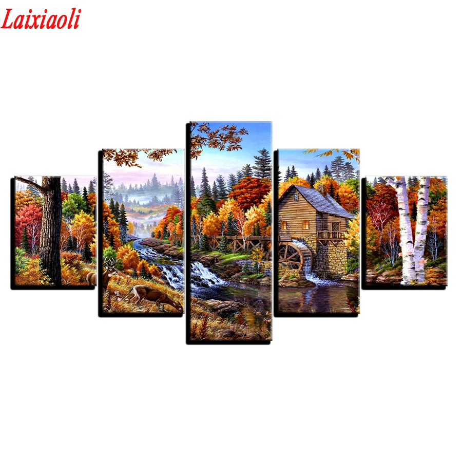 diamond painting cross stitch 5 Pieces Wooden House Forest River Scenery Full Round Drill 5D DIY village natura