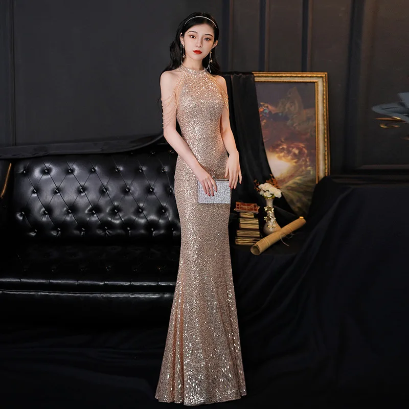 

Gold Evening Gown for Women 2024 Light Luxury Minority Host Temperament Socialite Fishtail Dress