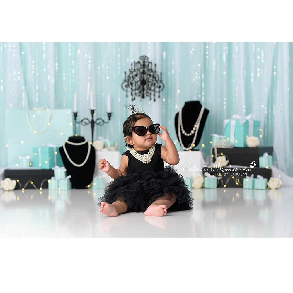 Something Tiffanys Photo Background Birthday Cake Smash Photography Backdrop Pearl Necklace White Flowers Photo Studio Props